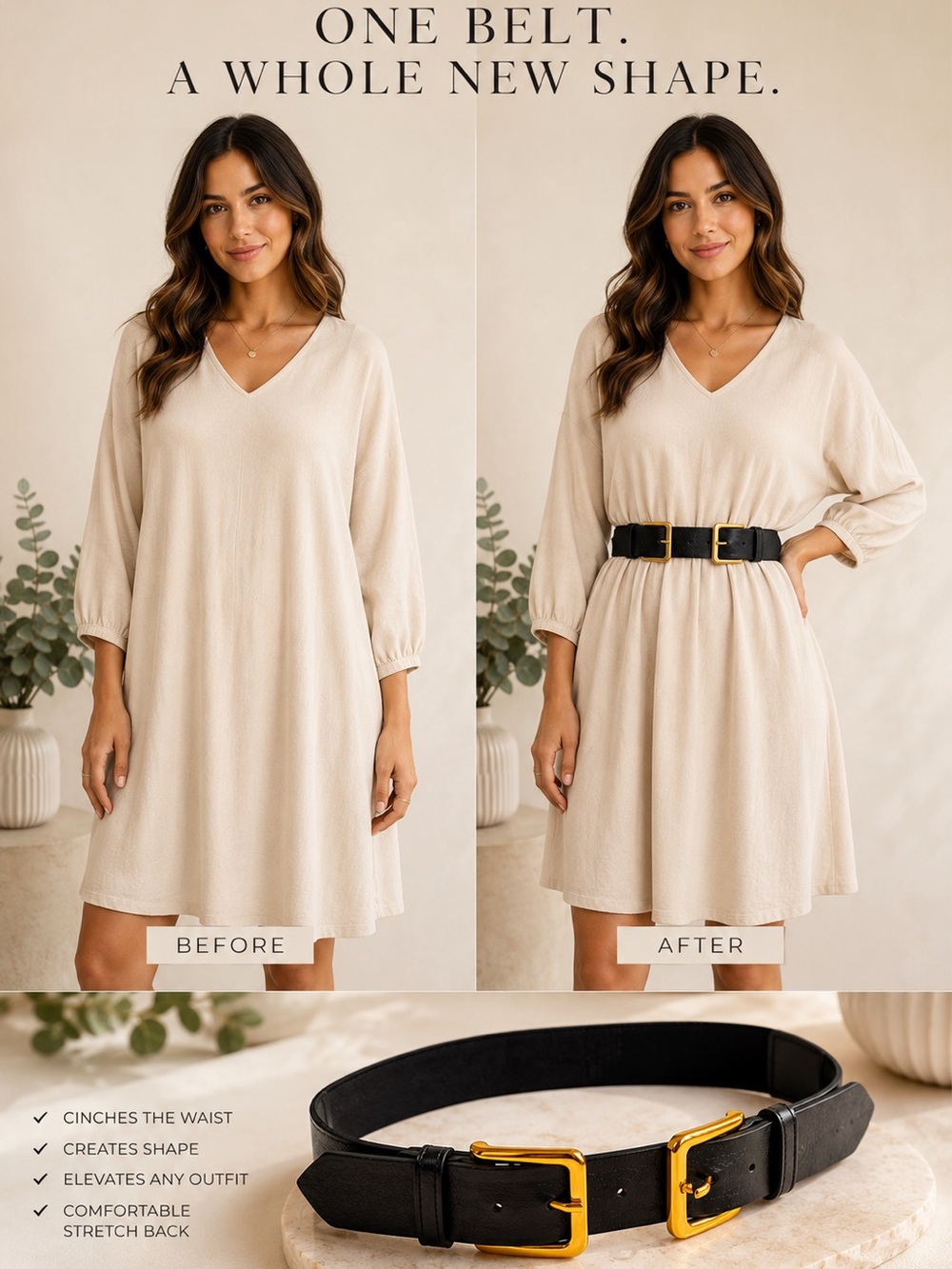 Black Elastic Waist Belt Gold Hardware Wide Faux Leather Dress Belt